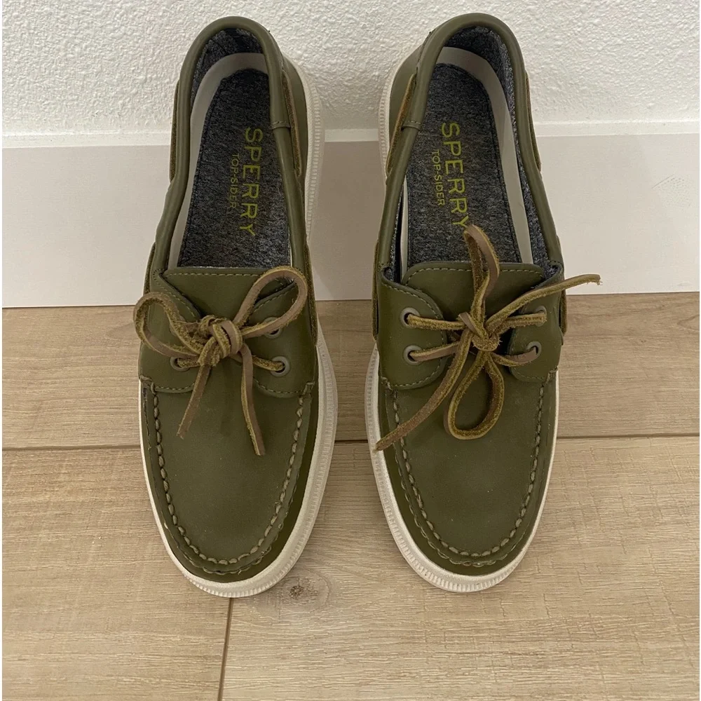 Sperry Top Sider Leather 2 Eye Raincoat Olive Green Boat Shoes